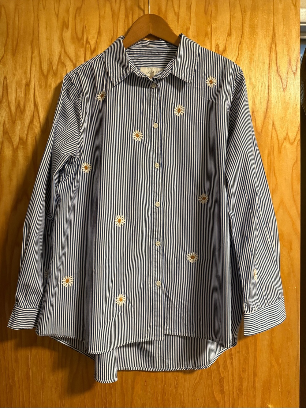 The Great Navy Stripe Daisy Embroidered Button-Up Shirt
